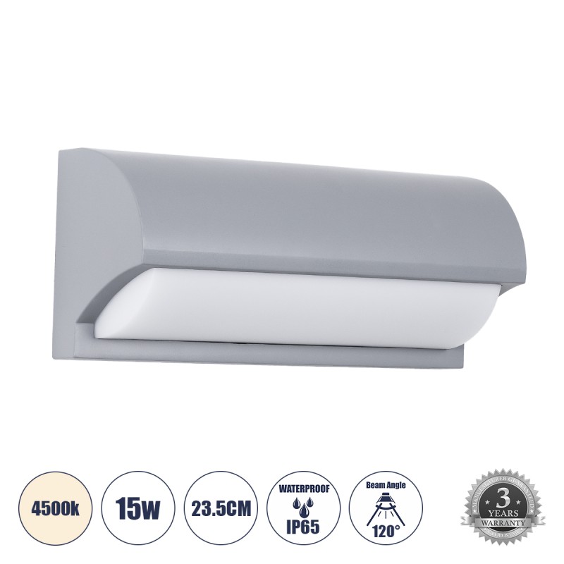 GLOBOSTAR® HORIZON 60692 Μοντέρνο Φωτιστικό Τοίχου - Απλίκα LED 15W 1575lm 120° AC 220-240V Αδιάβροχο IP65 Φυσικό Λευκό 4500K - Bridgelux SMD Chip - Γκρι Ματ - Μ23.5 x Π11 x Υ10cm - 3 Χρόνια Εγγύηση