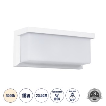 GLOBOSTAR® CITYSCAPE 60697 Μοντέρνο Φωτιστικό Τοίχου - Απλίκα LED 18W 1890lm 120° AC 220-240V Αδιάβροχο IP65 Φυσικό Λευκό 4500K - Bridgelux SMD Chip - Λευκό Ματ - Μ23.5 x Π11 x Υ10cm - 3 Χρόνια Εγγύηση GLOBOSTAR® CITYSCAPE 60697 Μοντέρνο Φωτιστικό Τοίχου - Απλίκα LED 18W 1890lm 120° AC 220-240V Αδιάβροχο IP65 Φυσικό Λευκό 4500K - Bridgelux SMD Chip - Λευκό Ματ - Μ23.5 x Π11 x Υ10cm - 3 Χρόνια Εγγύηση