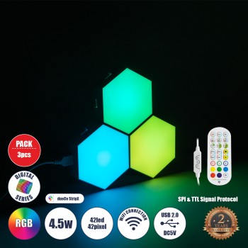 GloboStar® DIGIOCTA 90447 Σετ 3 Ψηφιακων LED RGB Φωτιστικών Κυψελών με Ψηφιακό Controller με WiFi Smart APP & Ασύρματο Χειριστήριο RF 2.4Ghz - LED SMD 5050 4.5W/Σετ 42PIXEL/Σετ 360lm/Σετ 120° DC 5V με USB 2.0 IP20 Πολύχρωμο RGB - Dimmable - Μ10.5 x Π1 GloboStar® DIGIOCTA 90447 Σετ 3 Ψηφιακων LED RGB Φωτιστικών Κυψελών με Ψηφιακό Controller με WiFi Smart APP & Ασύρματο Χειριστήριο RF 2.4Ghz - LED SMD 5050 4.5W/Σετ 42PIXEL/Σετ 360lm/Σετ 120° DC 5V με USB 2.0 IP20 Πολύχρωμο RGB - Dimmable - Μ10.5 x Π1