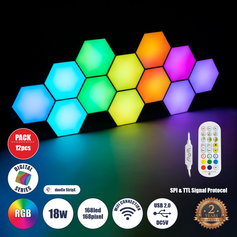 GloboStar® DIGIOCTA 90449 Σετ 12 Ψηφιακων LED RGB Φωτιστικών Κυψελών με Ψηφιακό Controller με WiFi Smart APP & Ασύρματο Χειριστήριο RF 2.4Ghz - LED SMD 5050 18W/Σετ 168PIXEL/Σετ 1440lm/Σετ 120° DC 5V με USB 2.0 IP20 Πολύχρωμο RGB - Dimmable - Μ10.5 x  GloboStar® DIGIOCTA 90449 Σετ 12 Ψηφιακων LED RGB Φωτιστικών Κυψελών με Ψηφιακό Controller με WiFi Smart APP & Ασύρματο Χειριστήριο RF 2.4Ghz - LED SMD 5050 18W/Σετ 168PIXEL/Σετ 1440lm/Σετ 120° DC 5V με USB 2.0 IP20 Πολύχρωμο RGB - Dimmable - Μ10.5 x