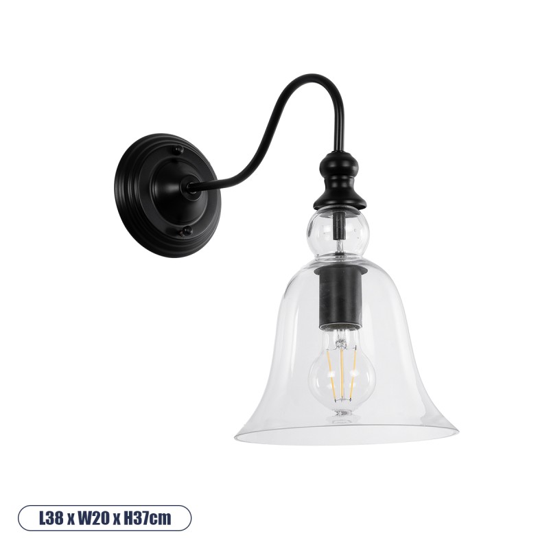 GLOBOSTAR® LILLY 01064 Vintage Φωτιστικό Τοίχου - Απλίκα με Ντουί 1 x E27 AC 220-240V IP20 - Μαύρο & Διάφανο - Μ38 x Π20 x Υ37cm GLOBOSTAR® LILLY 01064 Vintage Φωτιστικό Τοίχου - Απλίκα με Ντουί 1 x E27 AC 220-240V IP20 - Μαύρο & Διάφανο - Μ38 x Π20 x Υ37cm