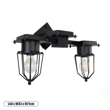 GLOBOSTAR® TORO 01079 Vintage Φωτιστικό Τοίχου - Απλίκα με Ντουί 2 x E27 AC 220-240V IP20 - Μαύρο - Μ44 x Π33 x Υ21cm