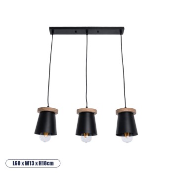 GLOBOSTAR® LANA 01425 Μοντέρνο Κρεμαστό Φωτιστικό Οροφής με Ντουί 3 x E27 AC 220-240V IP20 - Μαύρο & Καφέ - Μ60 x Π13 x Υ18cm