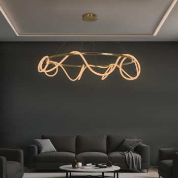 kelvo® GLOW KLV-101-0165 Κρεμαστό Φωτιστικό Οροφής LED 100W 10000lm 360° AC 220-240V IP20 Ρυθμιζόμενο Λευκό CCT με Χειριστήριο από 2700K έως 6000K Dimmable - Lumileds SMD Chip - Χρυσό Πλατίνα - Μ150 x Π150 x Υ100cm - 3 Χρόνια Εγγύηση