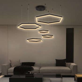 kelvo® LEXAGON KLV-101-0179 Κρεμαστό Φωτιστικό Οροφής LED 120W 12000lm 200° AC 220-240V IP20 Ρυθμιζόμενο Λευκό CCT με Χειριστήριο από 2700K έως 6000K Dimmable - Lumileds SMD Chip - Μαύρο Ματ - Μ110 x Π90 x Υ110cm - 3 Χρόνια Εγγύηση