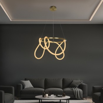 kelvo® GLOW KLV-101-0163 Κρεμαστό Φωτιστικό Οροφής LED 58W 5800lm 360° AC 220-240V IP20 Ρυθμιζόμενο Λευκό CCT με Χειριστήριο από 2700K έως 6000K Dimmable - Lumileds SMD Chip - Χρυσό Πλατίνα - Μ80 x Π80 x Υ40cm - 3 Χρόνια Εγγύηση