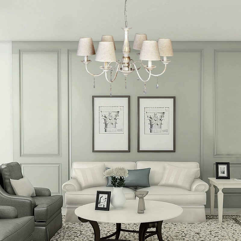 InLight Κρεμαστό φωτιστικό από λευκή πατίνα, κρύσταλλα και υφασμάτινο καπέλο 5XE14 D:65cm (5010-6) InLight Κρεμαστό φωτιστικό από λευκή πατίνα, κρύσταλλα και υφασμάτινο καπέλο 5XE14 D:65cm (5010-6)